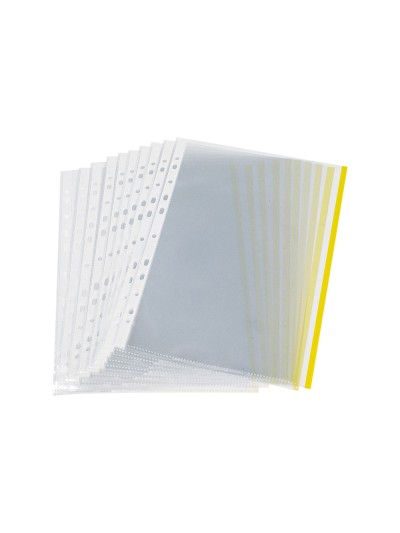 Funda multitaladro q-connect din a4 70 mc pp cristal con borde amarillo bolsa de 10 unidades