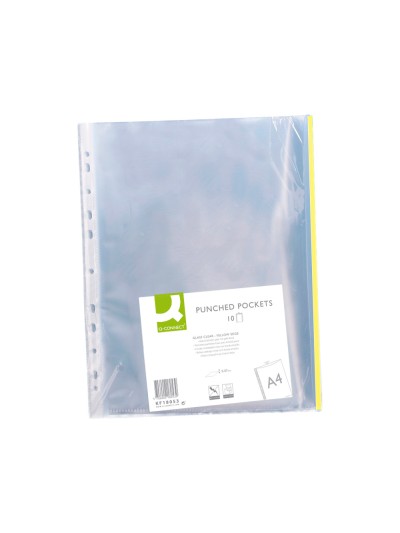 Funda multitaladro q-connect din a4 70 mc pp cristal con borde amarillo bolsa de 10 unidades