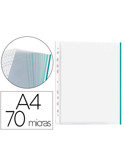 Funda multitaladro q-connect din a4 70 mc pp cristal con borde verde bolsa de 10 unidades