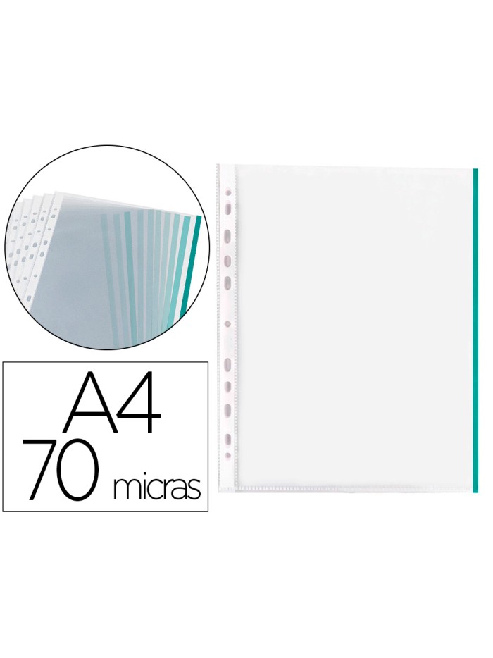 Funda multitaladro q-connect din a4 70 mc pp cristal con borde verde bolsa de 10 unidades