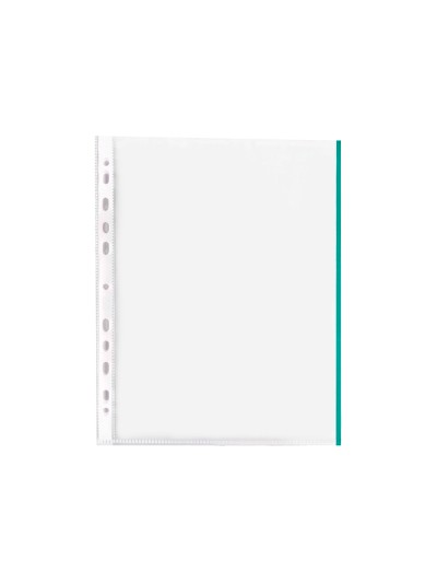 Funda multitaladro q-connect din a4 70 mc pp cristal con borde verde bolsa de 10 unidades
