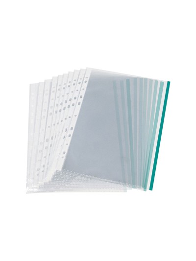 Funda multitaladro q-connect din a4 70 mc pp cristal con borde verde bolsa de 10 unidades