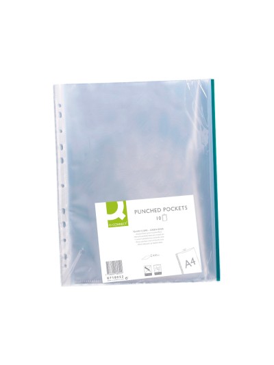 Funda multitaladro q-connect din a4 70 mc pp cristal con borde verde bolsa de 10 unidades