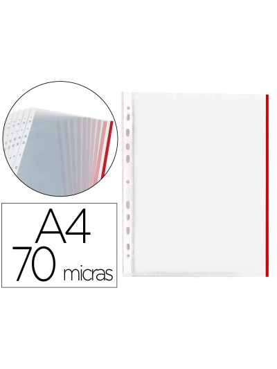Funda multitaladro q-connect din a4 70 mc pp cristal con borde rojo bolsa de 10 unidades