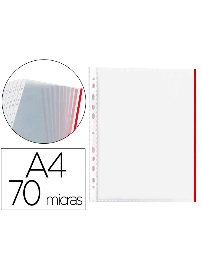 Funda multitaladro q-connect din a4 70 mc pp cristal con borde rojo bolsa de 10 unidades