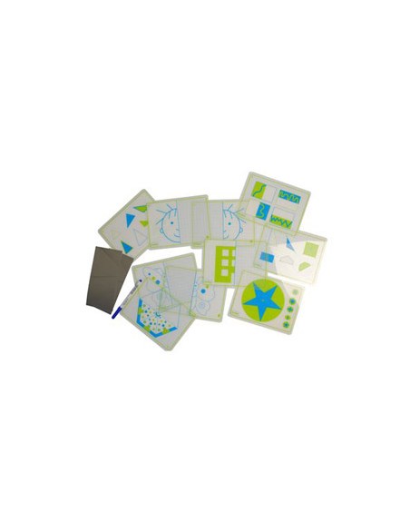 Juego fichas henbea transparentes + espejos simetrias y formas 21x15 cm set 10 tarjetas + 2 espejos