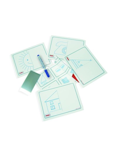 Juego tarjetas reutilizables henbea imagina y completa plastico flexible con ilustraciones 21x15 cm