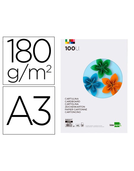 Cartulina liderpapel a3 180g/m2 10 colores surtidos paquete 100 hojas