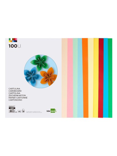 Cartulina liderpapel a3 180g/m2 10 colores surtidos paquete 100 hojas