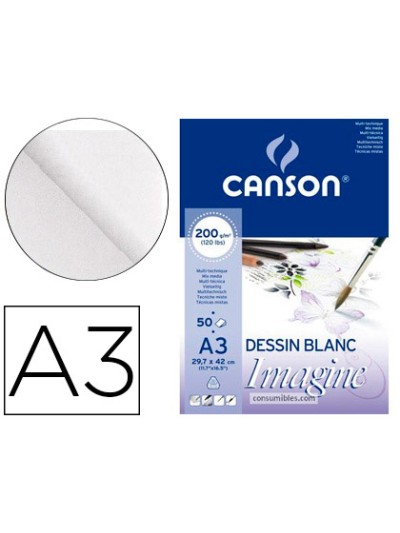 Bloc dibujo multitecnicas canson imagine din a3 encolado liso 29,7x42 cm 50 hojas 200 gr/m2