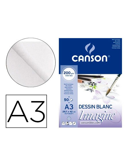 Bloc dibujo multitecnicas canson imagine din a3 encolado liso 29,7x42 cm 50 hojas 200 gr/m2