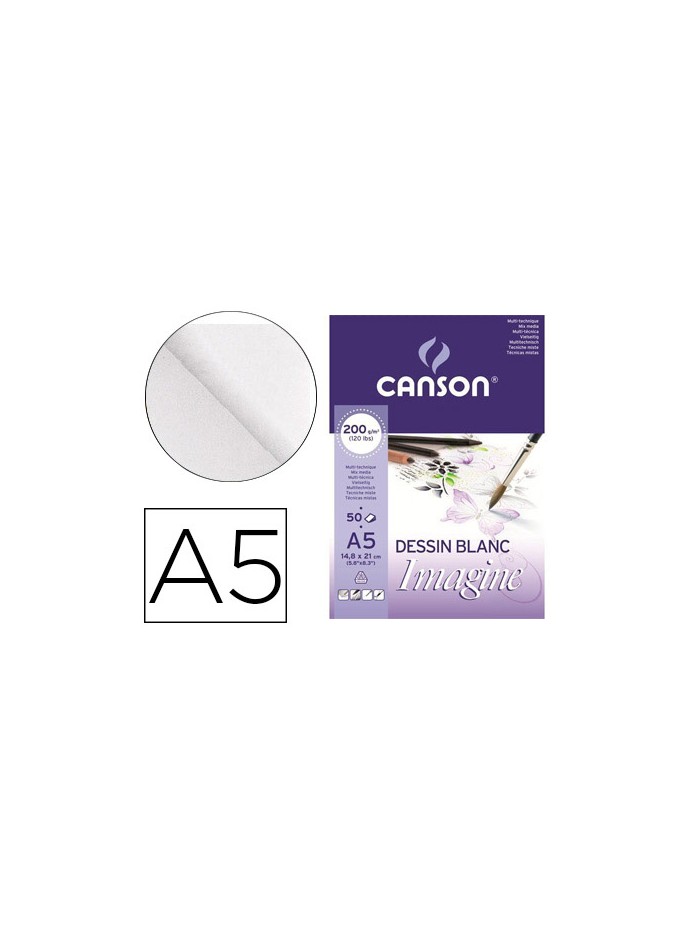 Bloc dibujo multitecnicas canson imagine din a5 encolado liso 14,8x21 cm 50 hojas 200 gr/m2 Bloc dibujo multitecnicas canson imagine din a5 encolado liso 14,8x21 cm 50 hojas 200 gr/m2