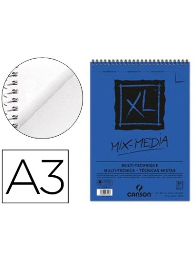 Bloc dibujo acuarela canson xl mix media grano medio din a3 microperforado espiral 29,7x42cm 30 hojas 300 gr/m2