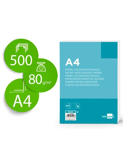 Papel liderpapel a4 80g/m2 liso microperforado en dos partes iguales paquete de 500 hojas