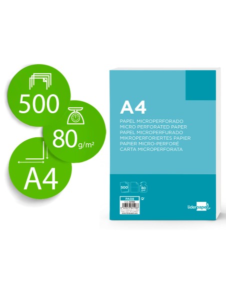 Papel liderpapel a4 80g/m2 liso microperforado en dos partes iguales paquete de 500 hojas
