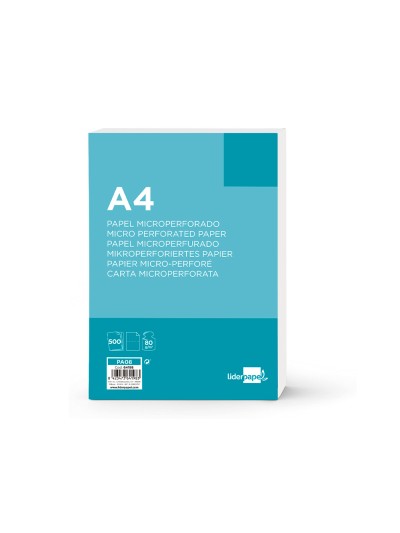Papel liderpapel a4 80g/m2 liso microperforado en dos partes iguales paquete de 500 hojas