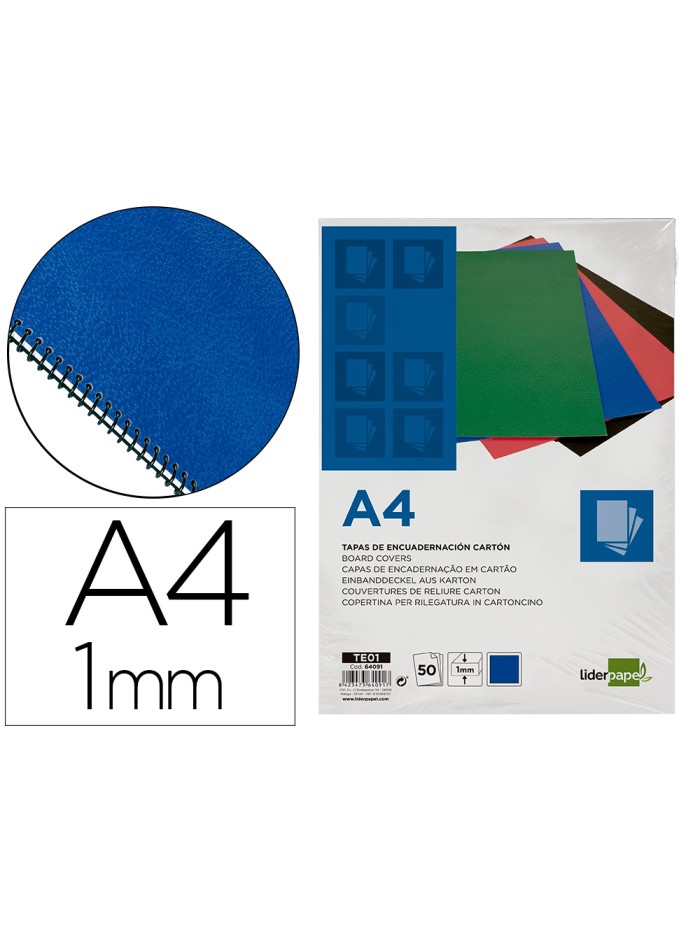 Tapa encuadernacion liderpapel carton a4 1mm azul paquete de 50 unidades Tapa encuadernacion liderpapel carton a4 1mm azul paquete de 50 unidades