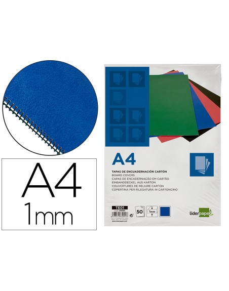 Tapa encuadernacion liderpapel carton a4 1mm azul paquete de 50 unidades