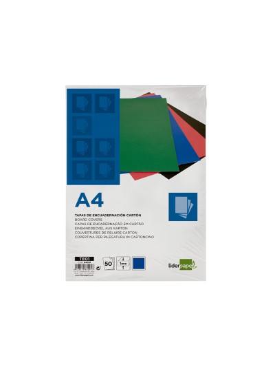 Tapa encuadernacion liderpapel carton a4 1mm azul paquete de 50 unidades