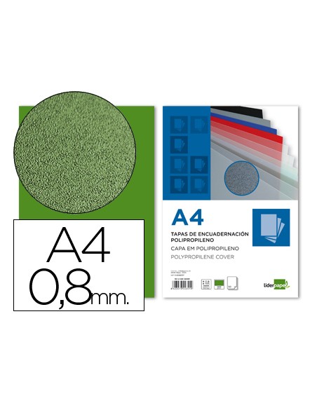 Tapa encuadernacion liderpapel polipropileno a4 0.8mm verde opaco paquete de 50 unidades