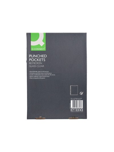 Funda multitaladro q-connect din a4 80 mc cristal caja de 100 unidades