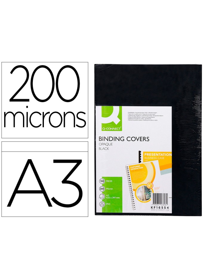 Tapa de encuadernacion q-connect pvc din a3 opaca negra 200 mc caja de 100 unidades Tapa de encuadernacion q-connect pvc din a3 opaca negra 200 mc caja de 100 unidades