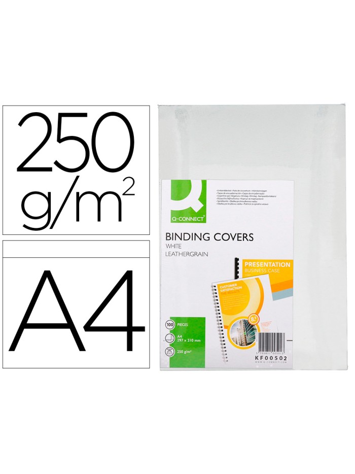 Tapa de encuadernacion q-connect carton din a4 blanco simil piel caja de 100 unidades Tapa de encuadernacion q-connect carton din a4 blanco simil piel caja de 100 unidades