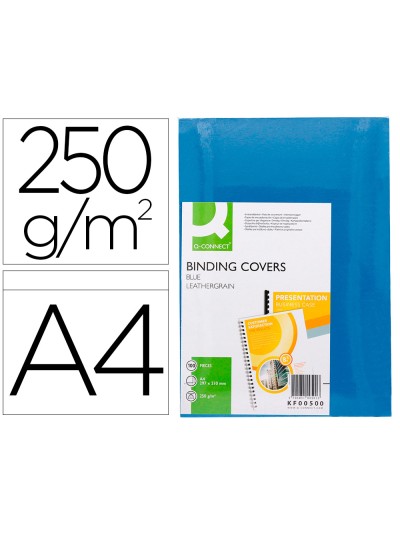 Tapa de encuadernacion q-connect carton din a4 azul simil piel 250 gr caja de 100 unidades