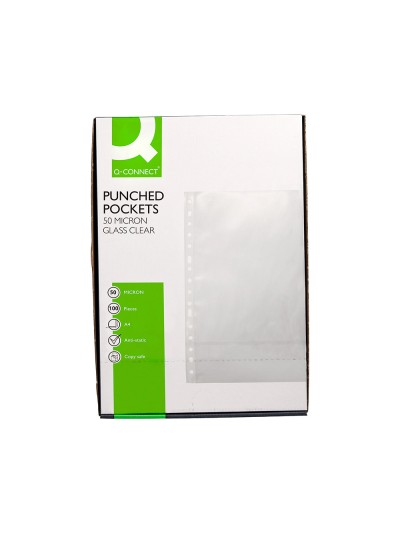 Funda multitaladro q-connect din a4 50 mc cristal caja de 100 unidades