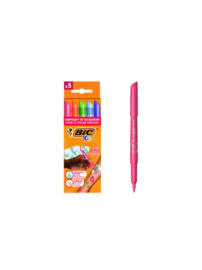 Rotulador bic kids tattoo caja de 5 unidades colores surtidos + 10 plantillas