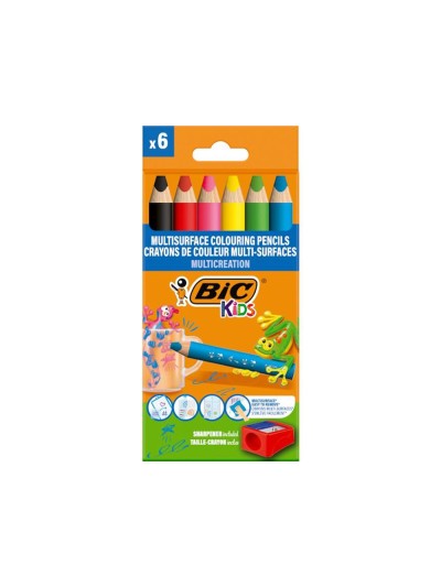 Lapices de colores bic multisuperficies triangulares mina borrable caja de 6 unidades colores surtidos +