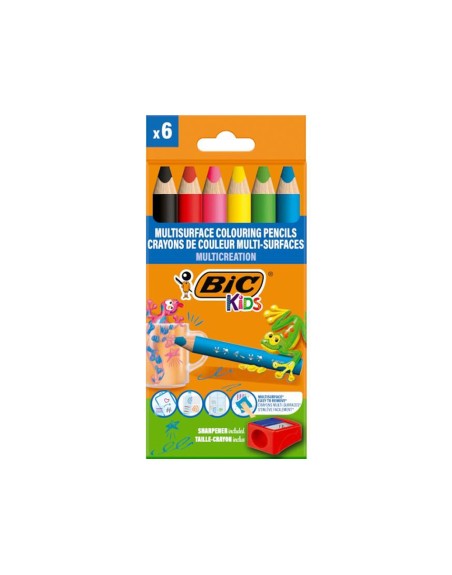 Lapices de colores bic multisuperficies triangulares mina borrable caja de 6 unidades colores surtidos +