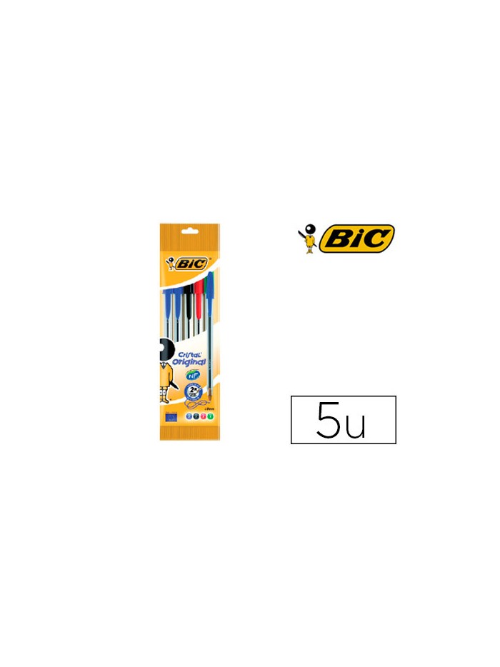 Boligrafo bic cristal original bolsa de 5 unidades colores surtidos 2 azul /1 negro /1 rojo /1 verde Boligrafo bic cristal original bolsa de 5 unidades colores surtidos 2 azul /1 negro /1 rojo /1 verde