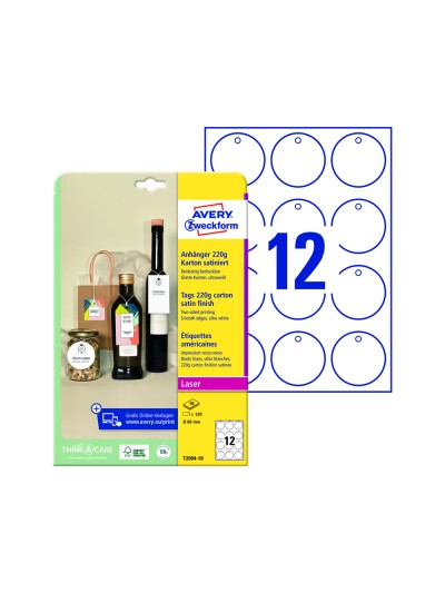 Etiqueta colgante avery blanca 60 mm diametro imprimible doble cara carton 220 gr pack de 120 unidades