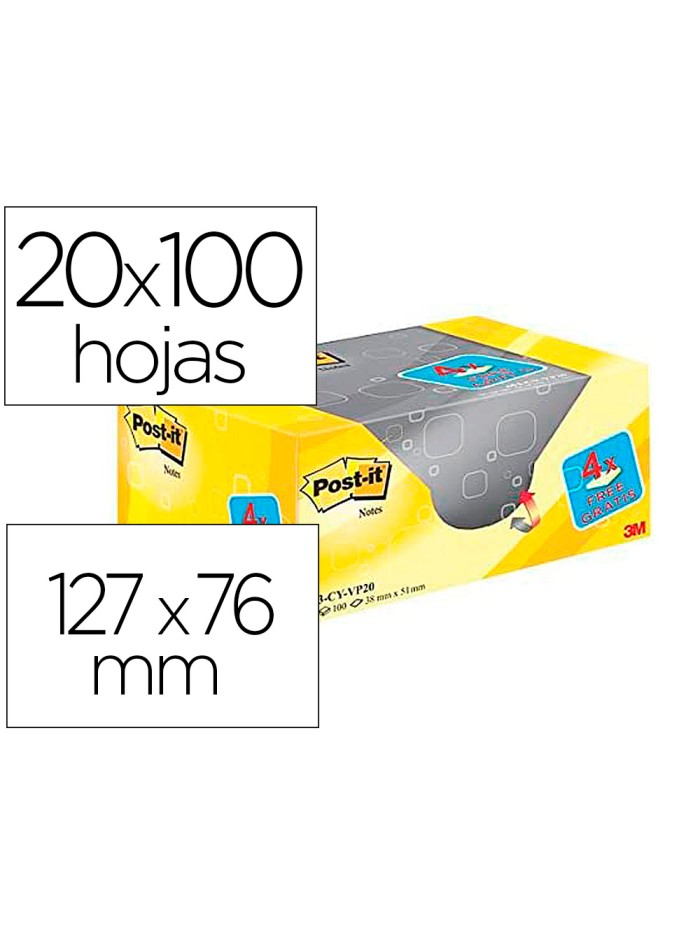 Bloc de notas adhesivas quita y pon post-it amarillo canario 76x127 mm pack promocional 16+4 gratis Bloc de notas adhesivas quita y pon post-it amarillo canario 76x127 mm pack promocional 16+4 gratis