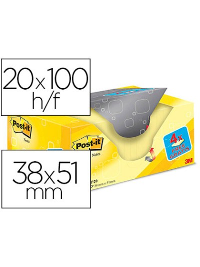Bloc de notas adhesivas quita y pon post-it amarillo canario 38x51 mm pack promocional 16+4 gratis