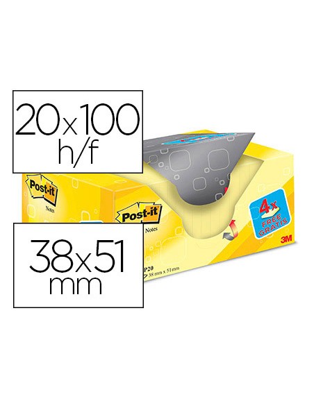 Bloc de notas adhesivas quita y pon post-it amarillo canario 38x51 mm pack promocional 16+4 gratis