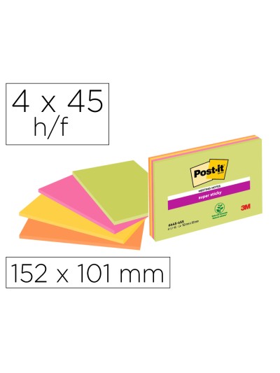 Bloc de notas adhesivas quita y pon post-it super sticky 152x101 mm con 45 hojas pack de 4 unidades colores neon