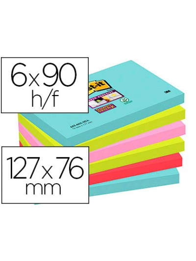 Bloc de notas adhesivas quita y pon post-it super sticky 76x127 mm con 90 hojas pack de 6 unidades colores miami