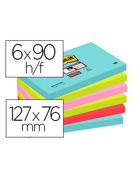 Bloc de notas adhesivas quita y pon post-it super sticky 76x127 mm con 90 hojas pack de 6 unidades colores miami