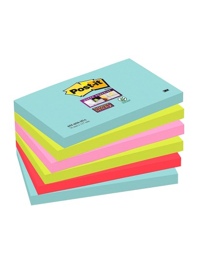 Bloc de notas adhesivas quita y pon post-it super sticky 76x127 mm con 90 hojas pack de 6 unidades colores miami