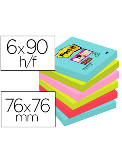 Bloc de notas adhesivas quita y pon post-it super sticky 76x76 mm con 90 hojas pack de 6 unidades colores miami