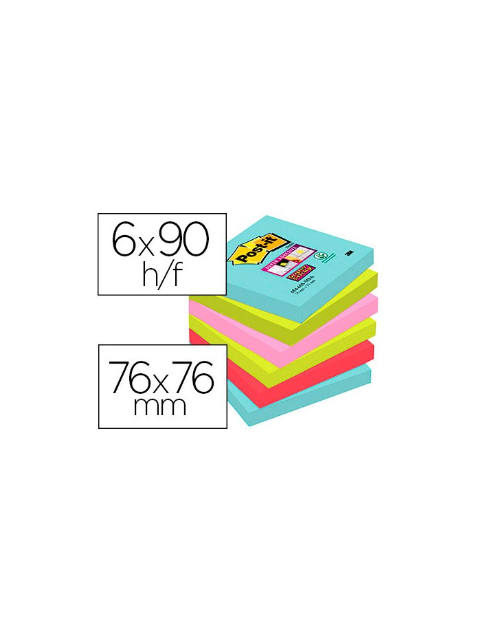 Bloc de notas adhesivas quita y pon post-it super sticky 76x76 mm con 90 hojas pack de 6 unidades colores miami Bloc de notas adhesivas quita y pon post-it super sticky 76x76 mm con 90 hojas pack de 6 unidades colores miami