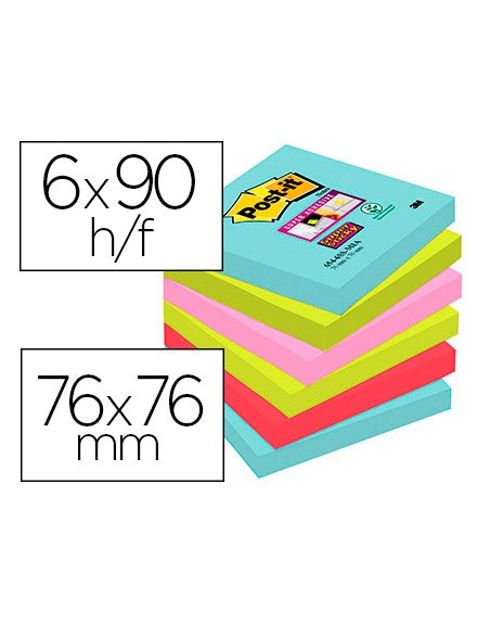 Bloc de notas adhesivas quita y pon post-it super sticky 76x76 mm con 90 hojas pack de 6 unidades colores miami