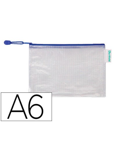 Bolsa multiusos tarifold pvc din a6 apertura superior con cremallera portaboligrafo y correa azul
