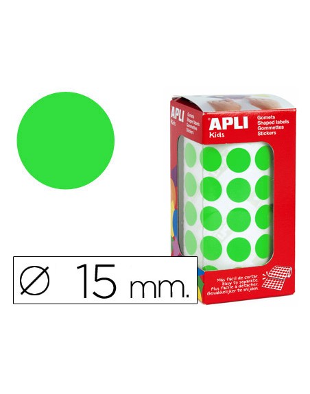 Gomets autoadhesivos circulares 15 mm verde en rollo con 2832 unidades