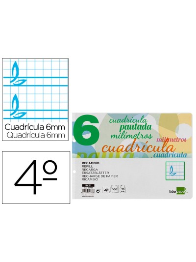 Recambio liderpapel cuarto apaisado pautaguia 100 hojas 75 g cuadriculado pautado 6 mm con margen 2 taladros