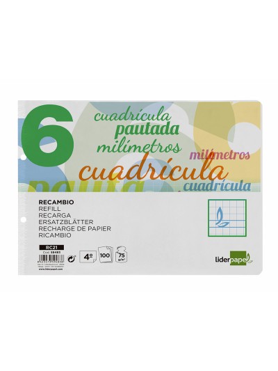 Recambio liderpapel cuarto apaisado pautaguia 100 hojas 75 g cuadriculado pautado 6 mm con margen 2 taladros