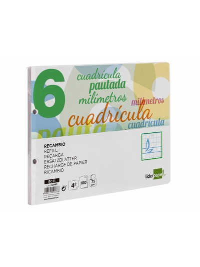 Recambio liderpapel cuarto apaisado pautaguia 100 hojas 75 g cuadriculado pautado 6 mm con margen 2 taladros