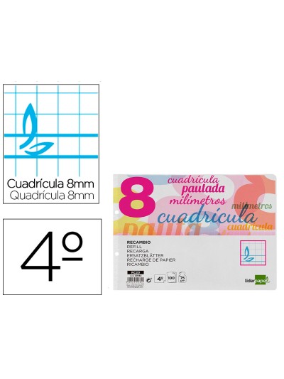Recambio liderpapel cuarto apaisado pautaguia 100 hojas 75 g cuadriculado pautado 8 mm con margen 2 taladros